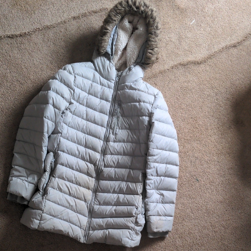Eddie Bauer Gray Hooded Puffer Jacket with Faux Fur Trim